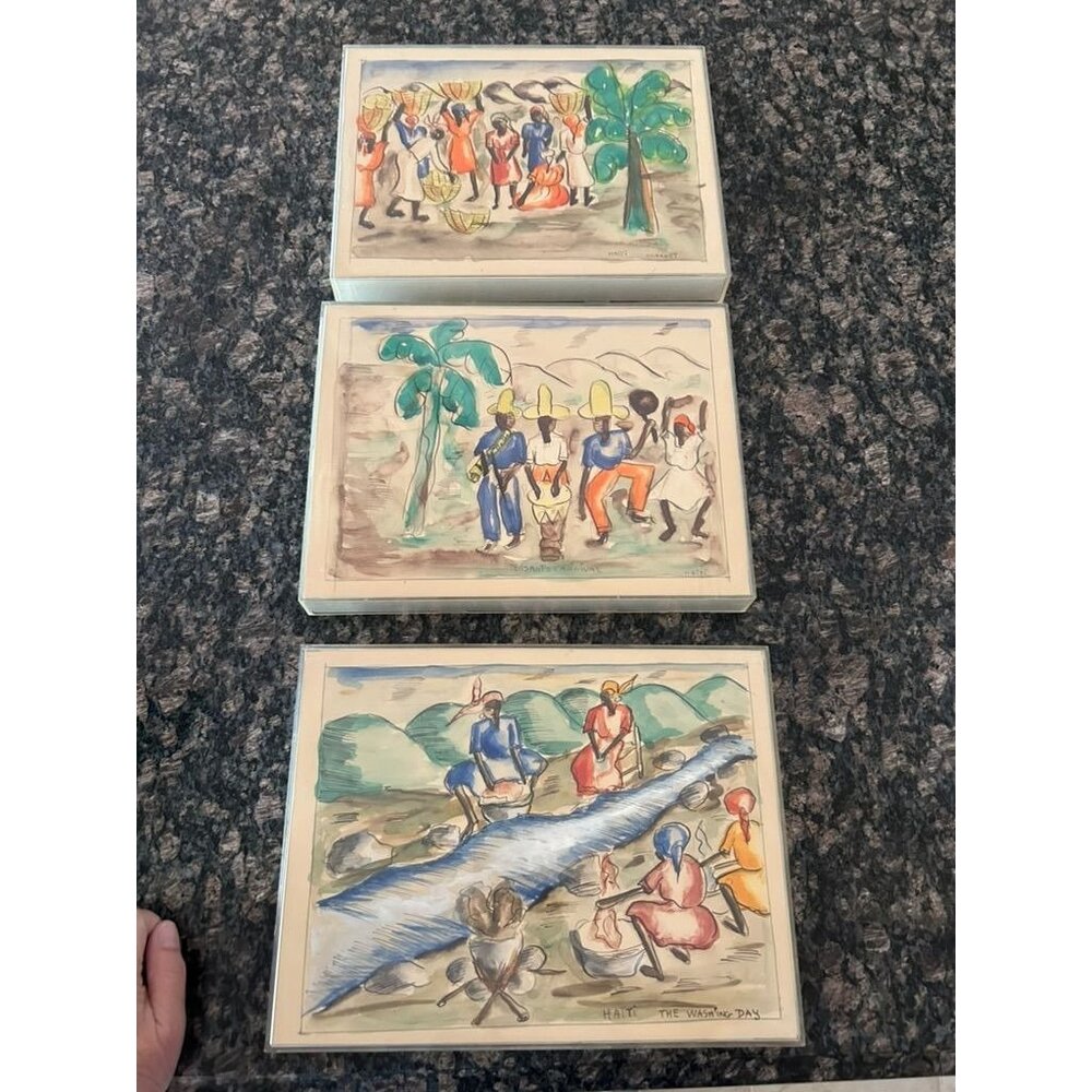 Haitian Watercolor Art Prints Set Of 3: Market, Carnival & Washing Day